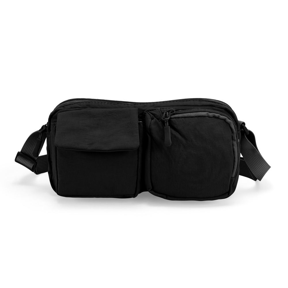 Bolsa de ombro nylon impermeável com 3 compartimentos na cor Preto, personalizada com a logo da empresa