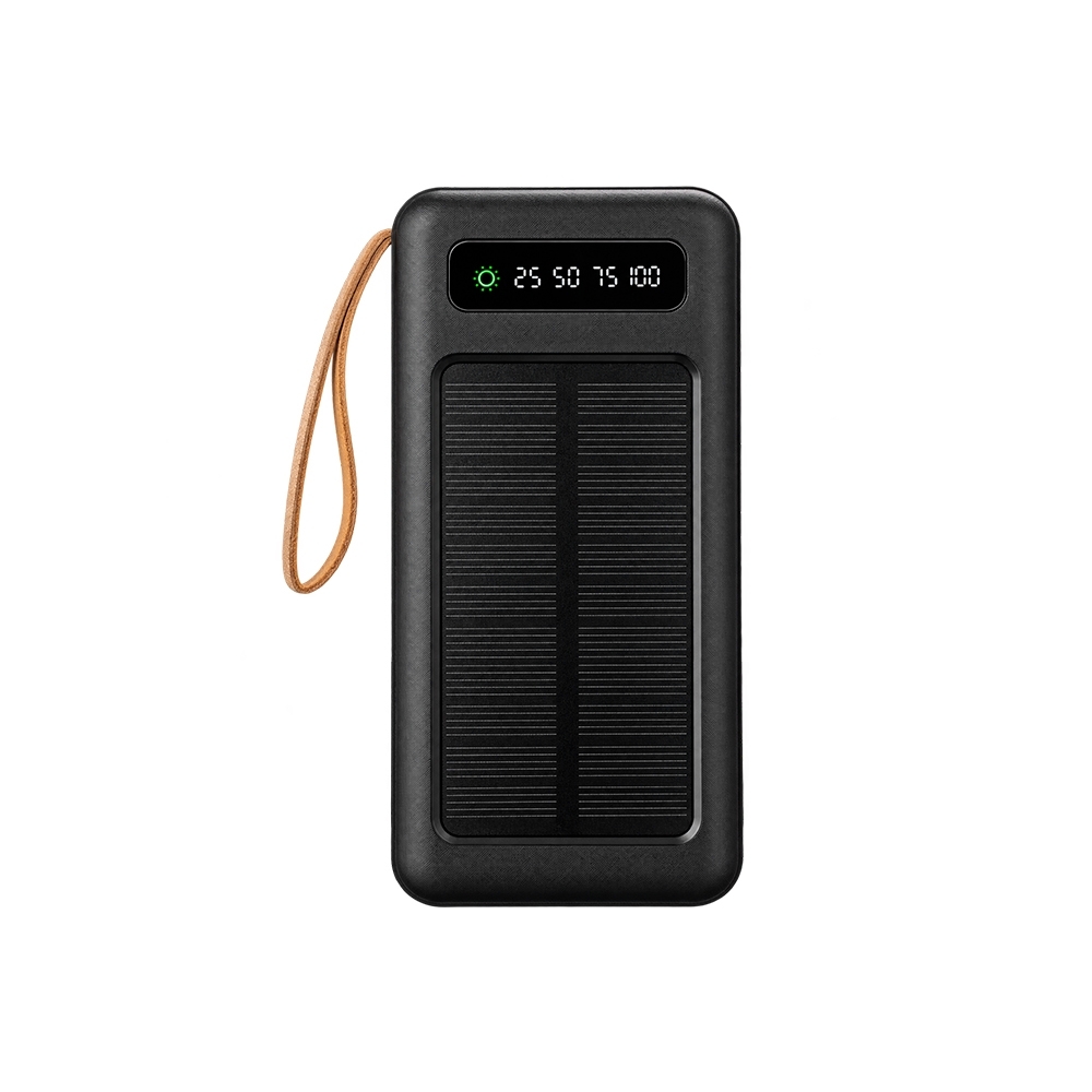 Power bank solar 10.000 mAh com lanterna e multissaídas na cor Preto, personalizado com a logo da empresa