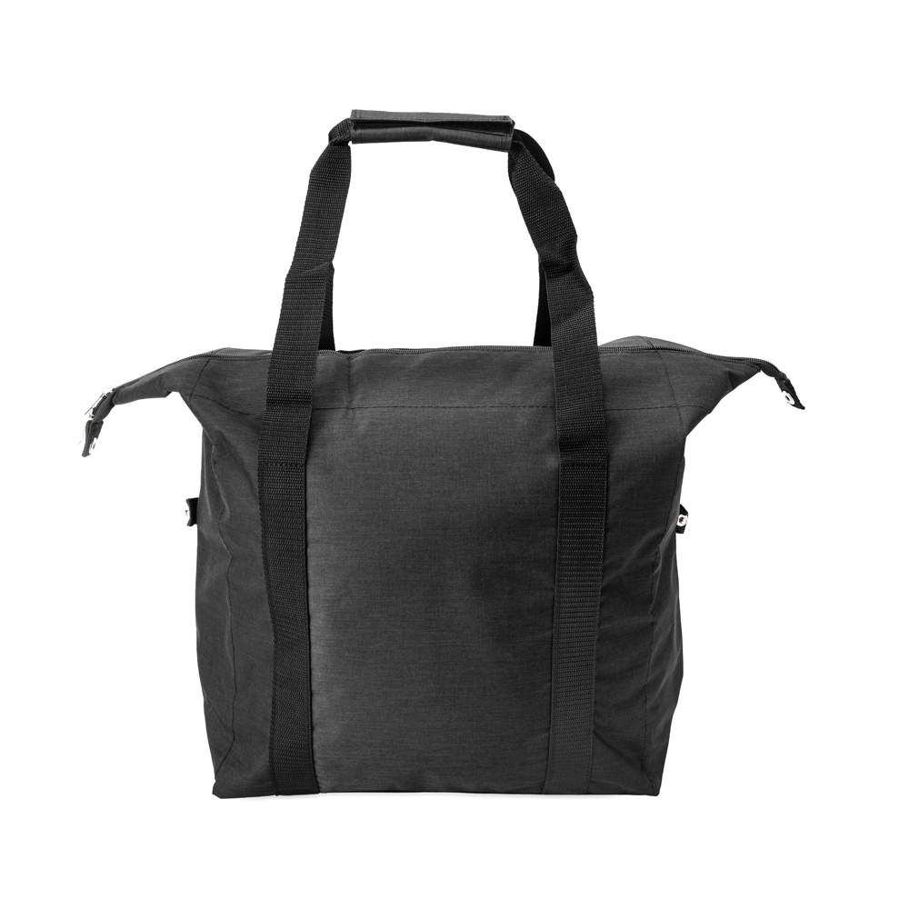 Bolsa térmica 31 litros com bolso frontal na cor Preto, personalizada com a logo da empresa