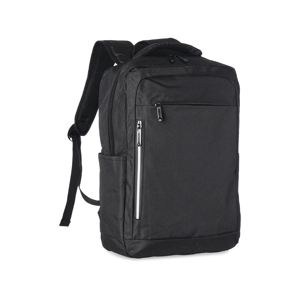 Mochila de nylon USB 20 litros com faixa refletiva e alças de mão na cor Preto, personalizada com a logo da empresa