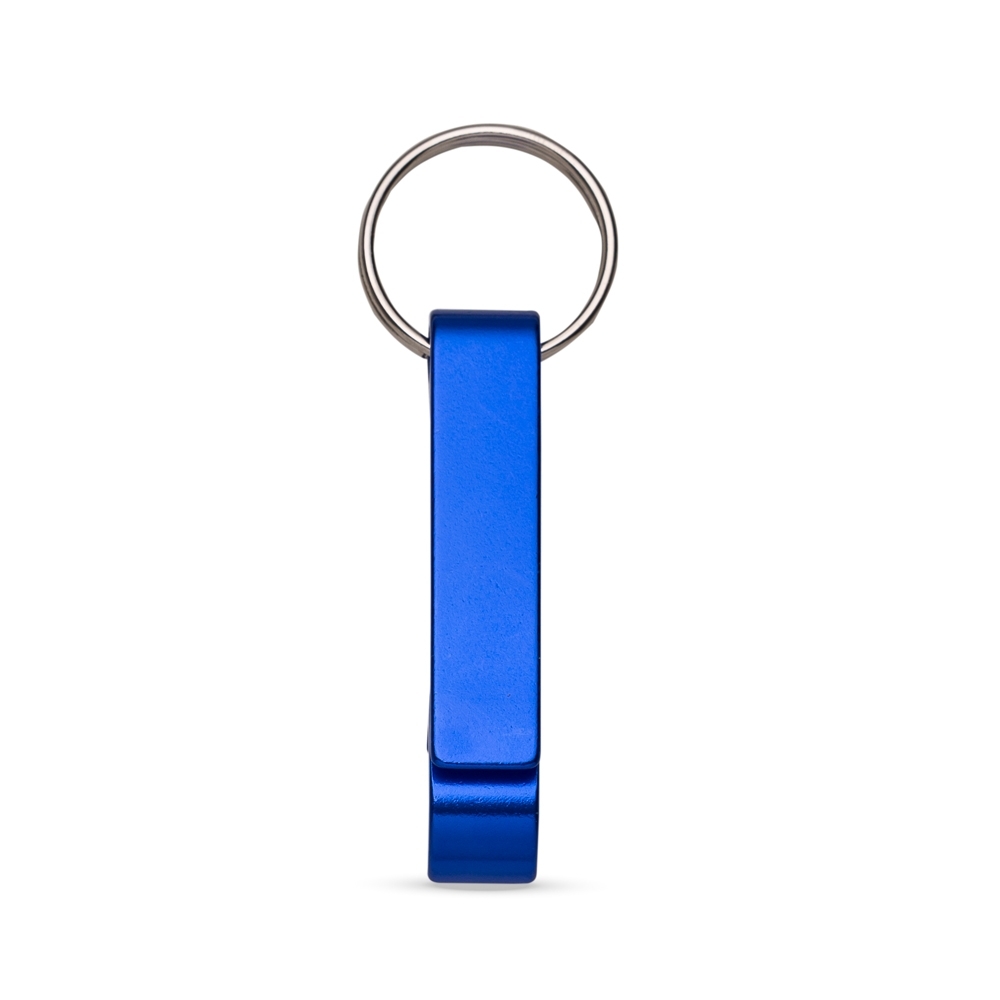 Chaveiro abridor de metal estreito com argola personalizado com a logo da empresa, na cor azul
