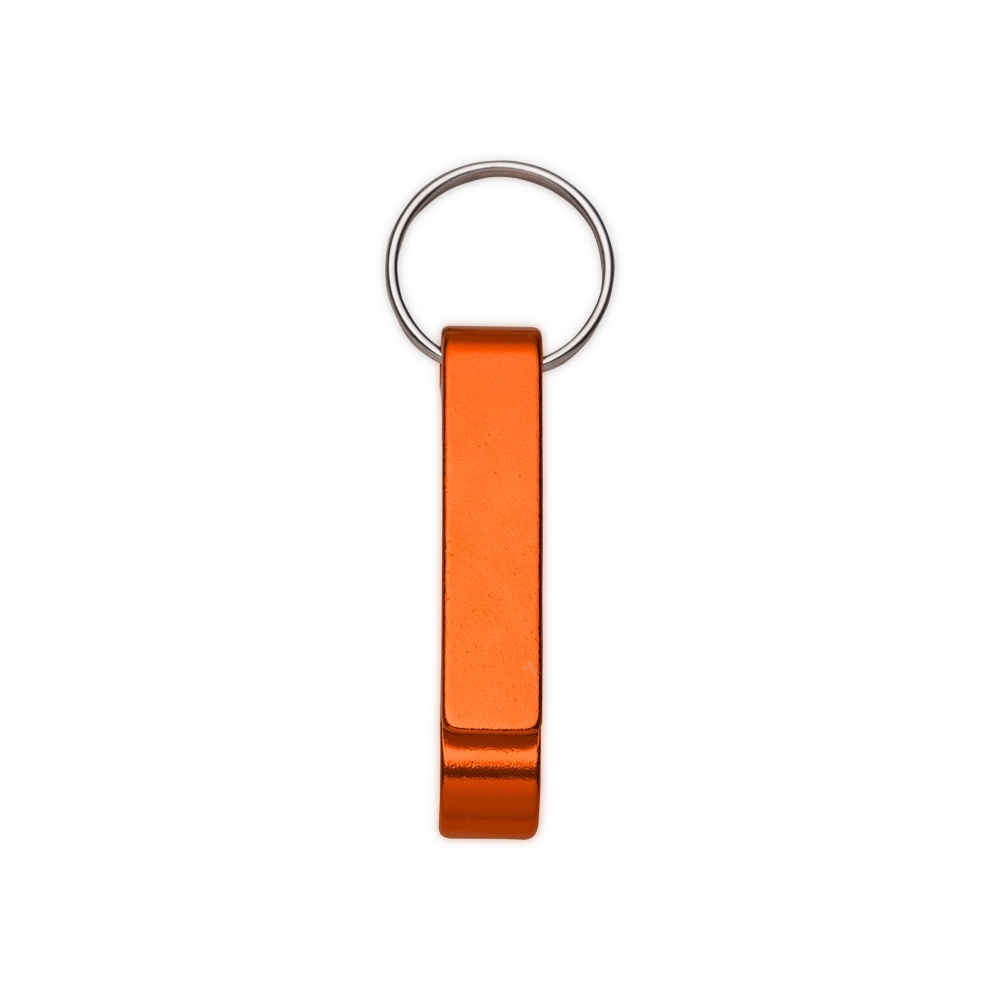 Chaveiro abridor de metal estreito com argola personalizado com a logo da empresa, na cor laranja
