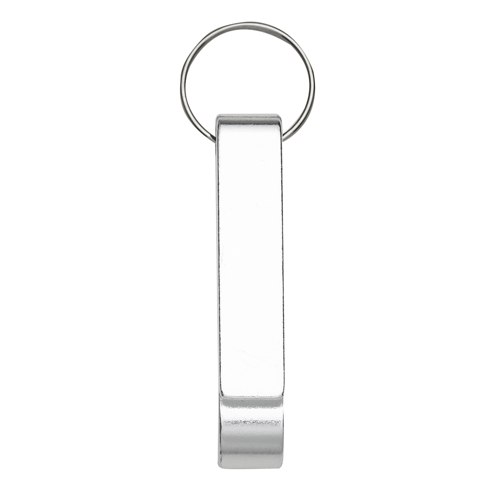 Chaveiro abridor de metal estreito com argola personalizado com a logo da empresa, na cor prata