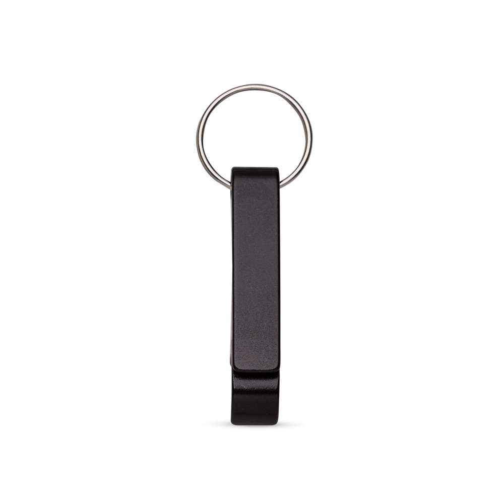 Chaveiro abridor de metal estreito com argola na cor Preto, personalizado com a logo da empresa