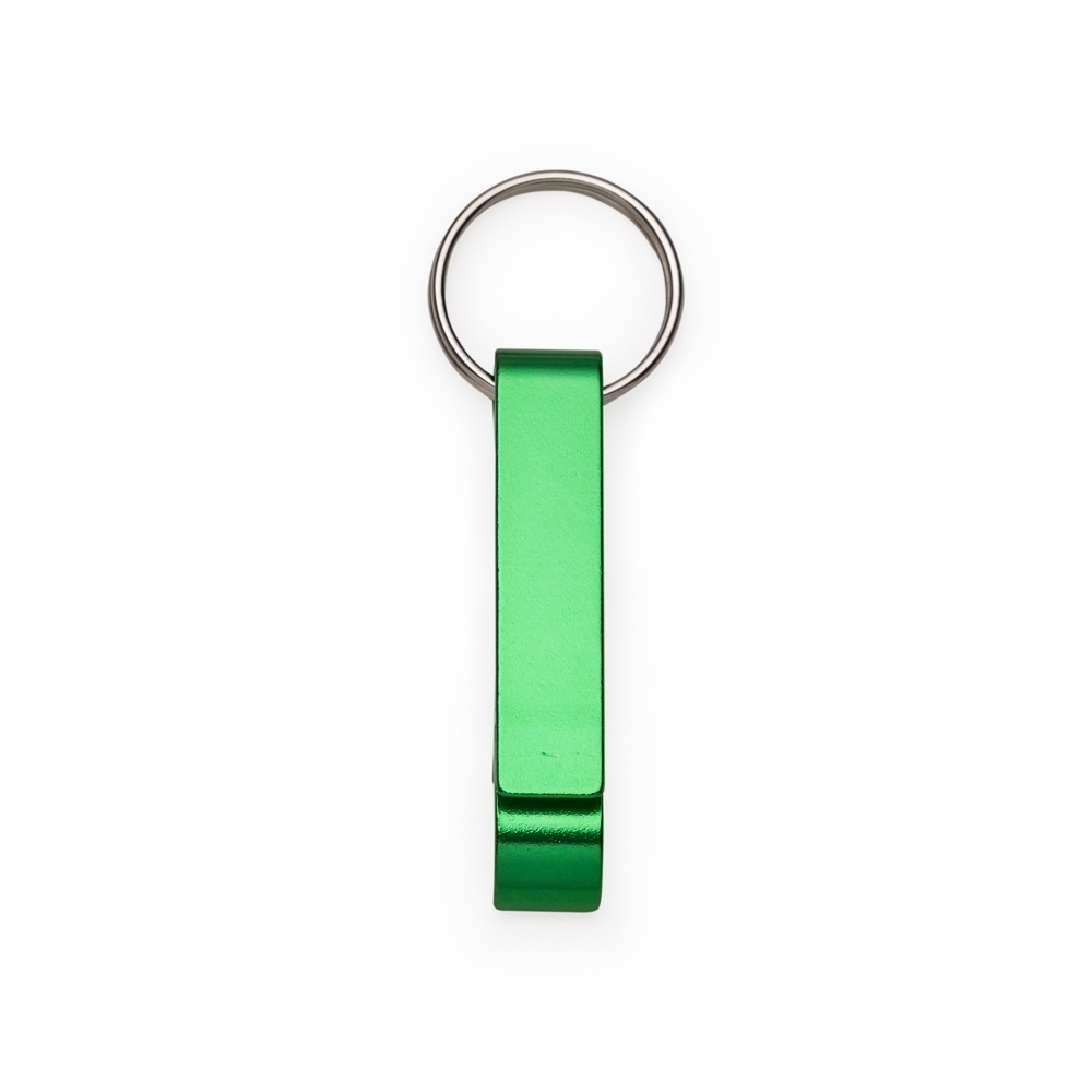 Chaveiro abridor de metal estreito com argola personalizado com a logo da empresa, na cor verde