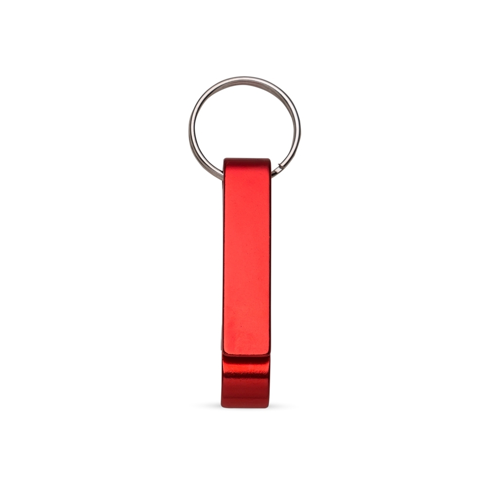 Chaveiro abridor de metal estreito com argola personalizado com a logo da empresa, na cor vermelho