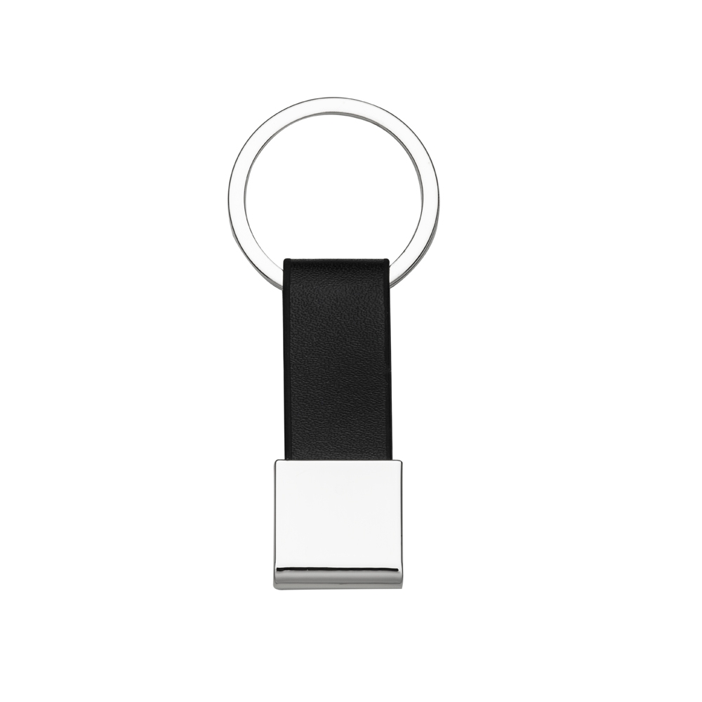 Chaveiro de metal quadrado com alça de couro sintético na cor Prata / Preto, personalizado com a logo da empresa