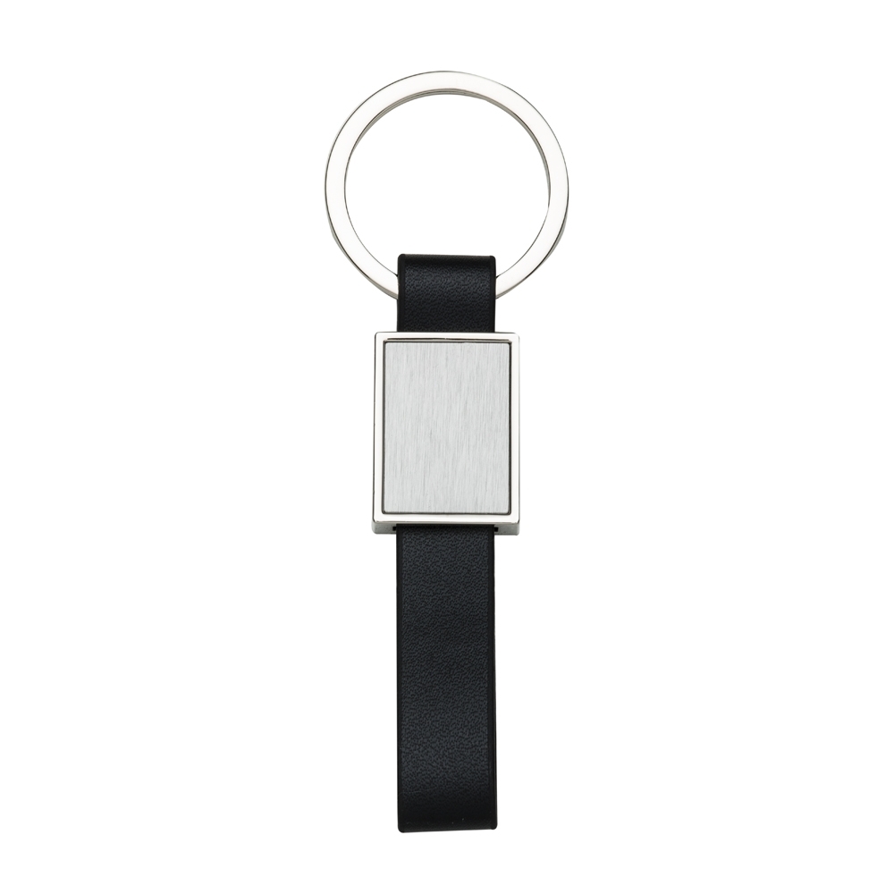 Chaveiro de metal com alça de couro sintético na cor Prata / Preto, personalizado com a logo da empresa