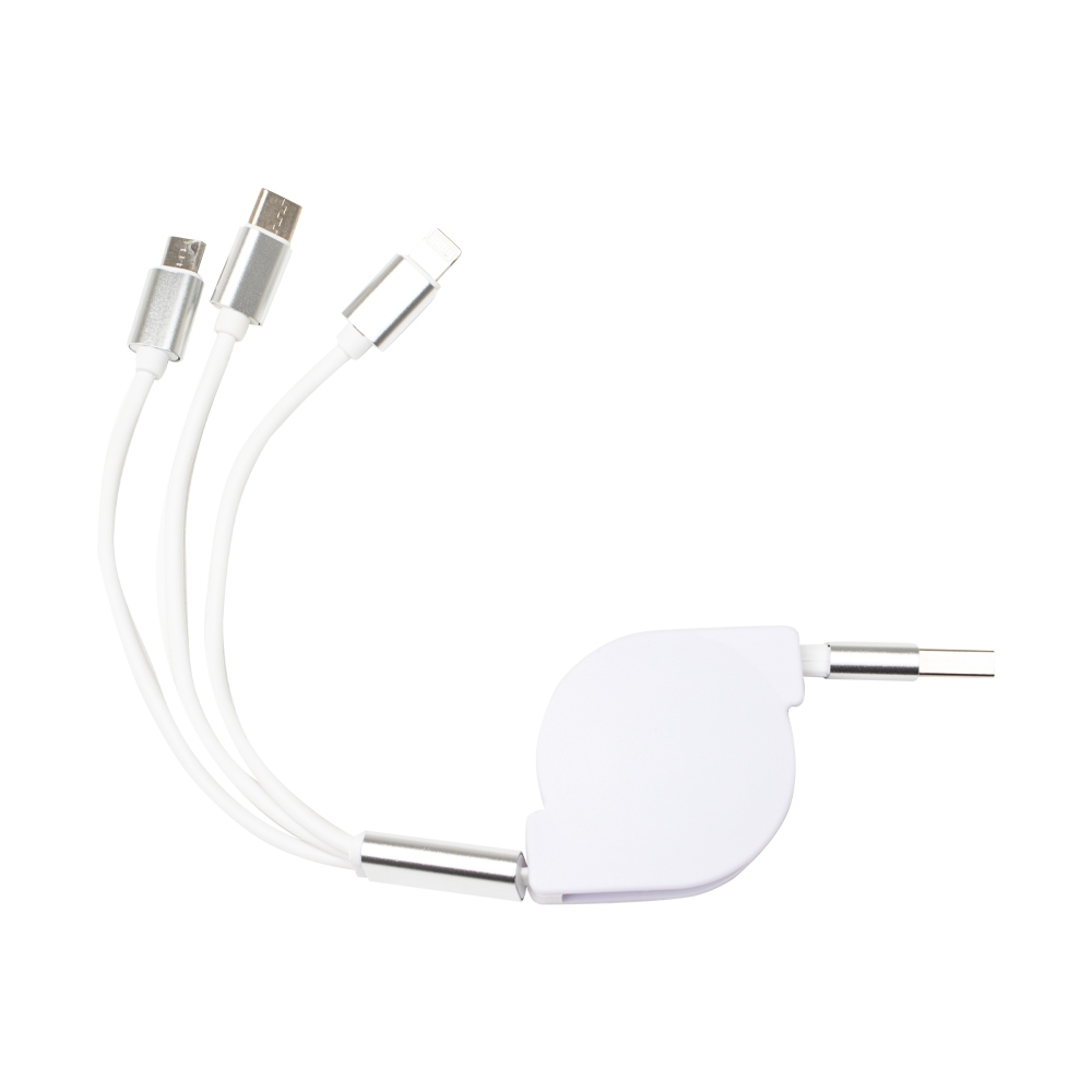 Cabo USB retrátil 3 em 1 na cor Branco / Prata, personalizado com a logo da empresa
