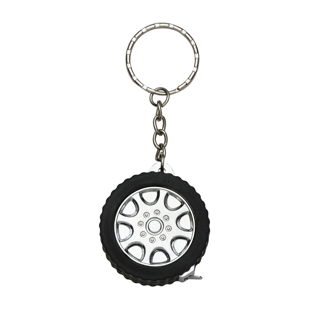 Trena chaveiro pneu brilhante emborrachada na cor Preto brilhante, personalizada com a logo da empresa