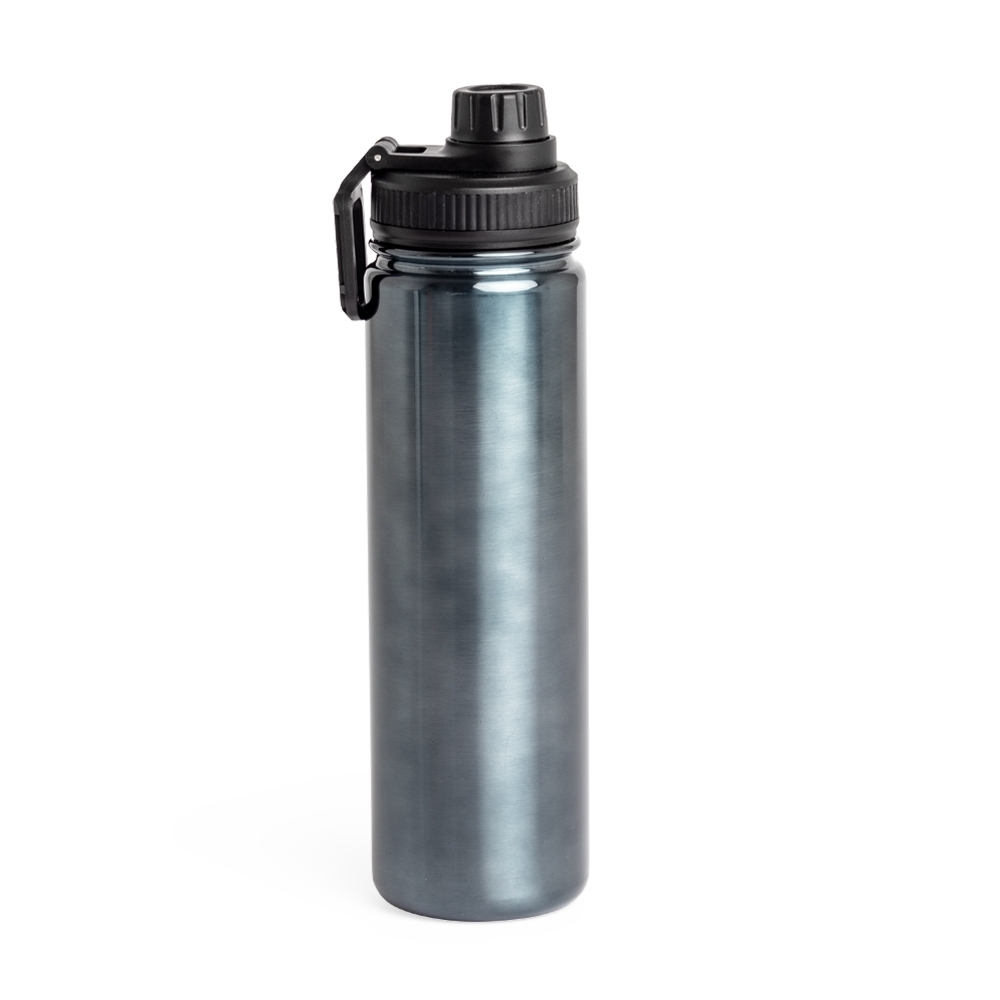 Garrafa térmica 650 ml de inox com alça na cor Grafite / Preto, personalizada com a logo da empresa