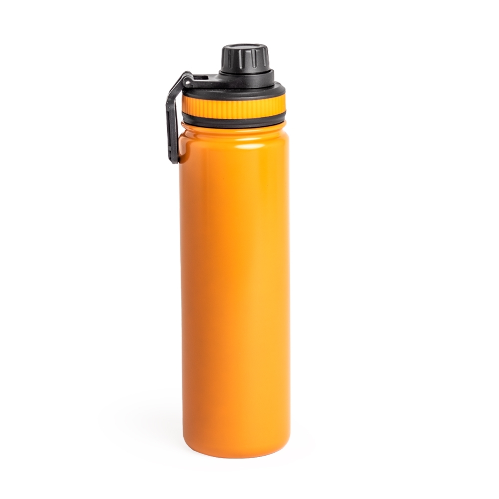Garrafa térmica 650 ml de inox com alça personalizada com a logo da empresa, na cor laranja / preto