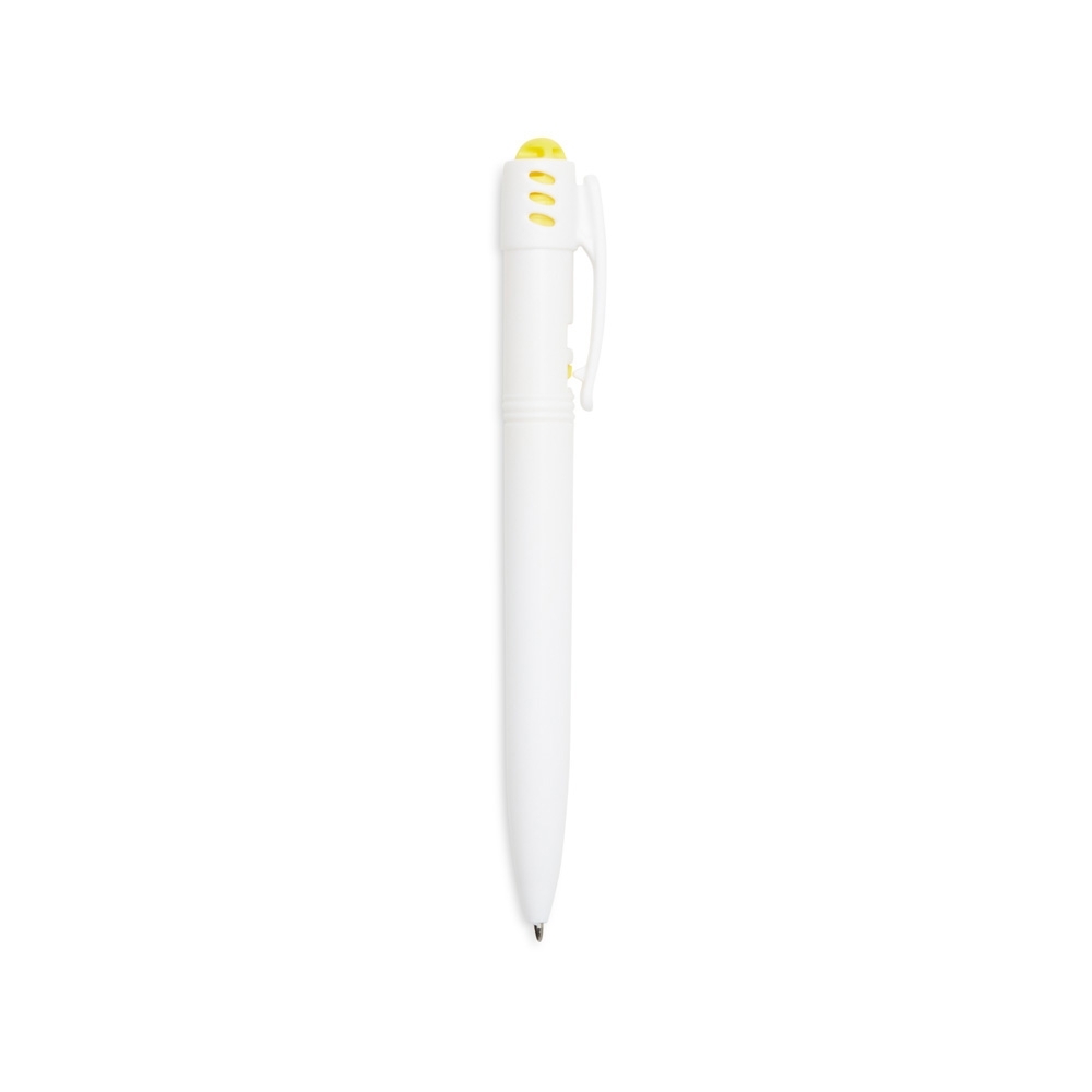 Caneta plástica de corpo branco com botão frisado colorido personalizada com a logo da empresa