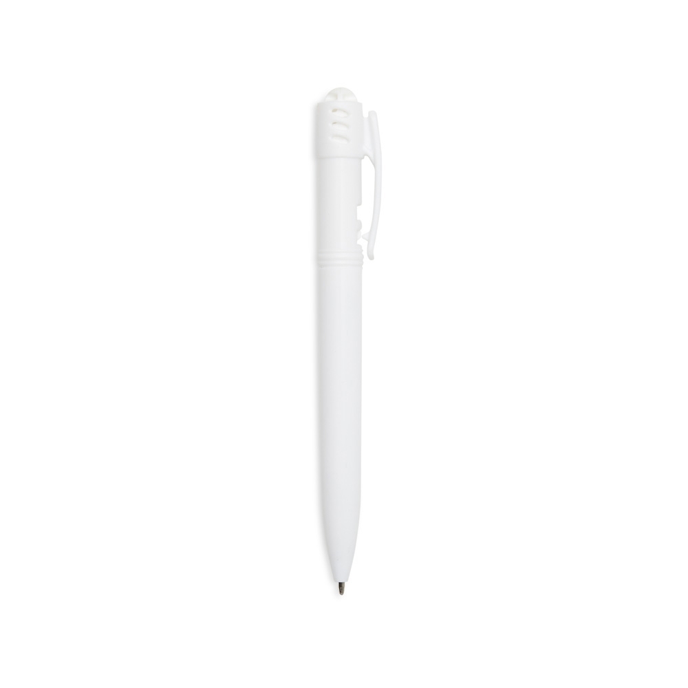 Caneta plástica de corpo branco com botão frisado colorido na cor Branco, personalizada com a logo da empresa
