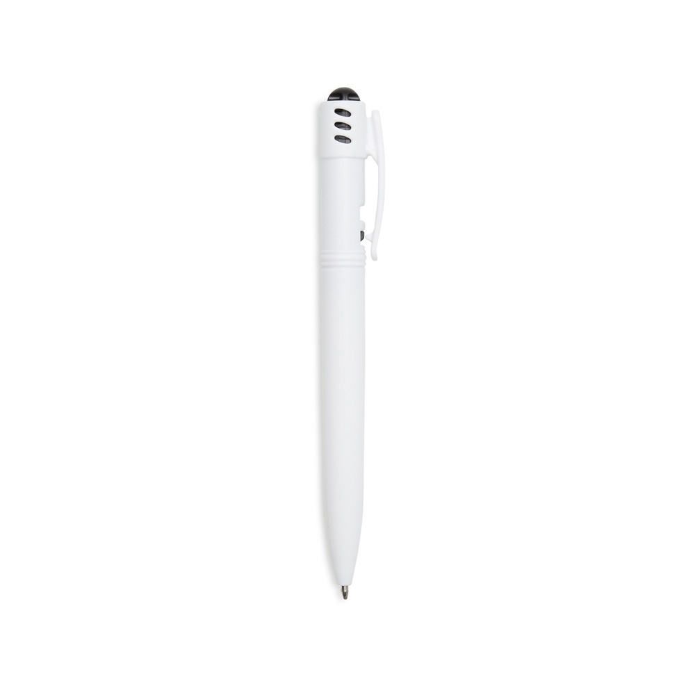 Caneta plástica de corpo branco com botão frisado colorido