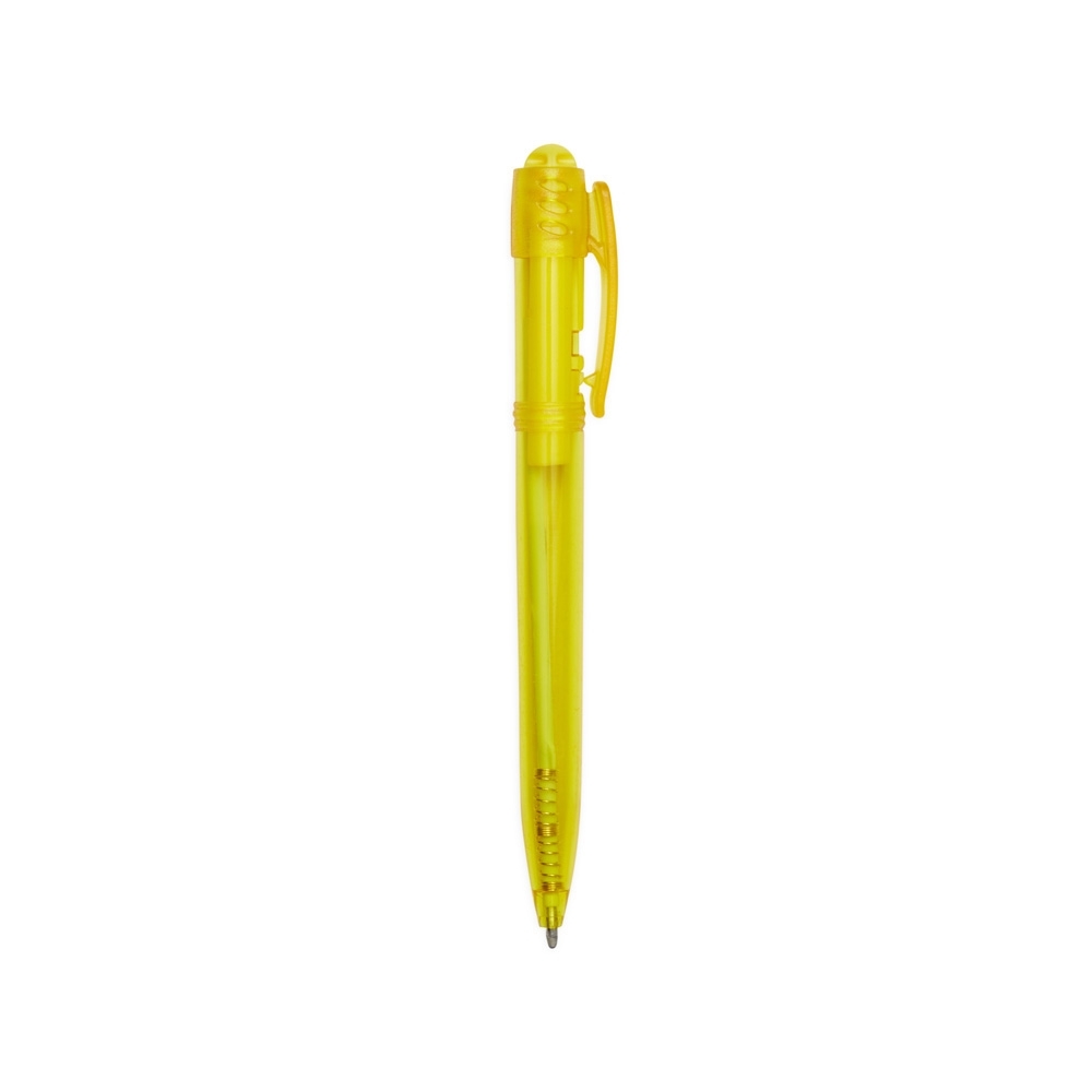Caneta plástica translúcida com botão frisado personalizada com a logo da empresa, na cor amarelo