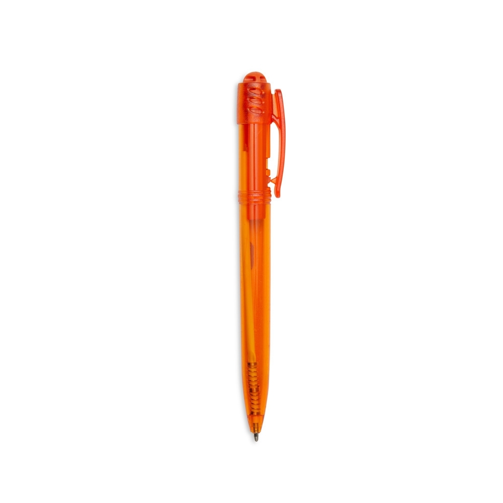 Caneta plástica translúcida com botão frisado personalizada com a logo da empresa, na cor laranja