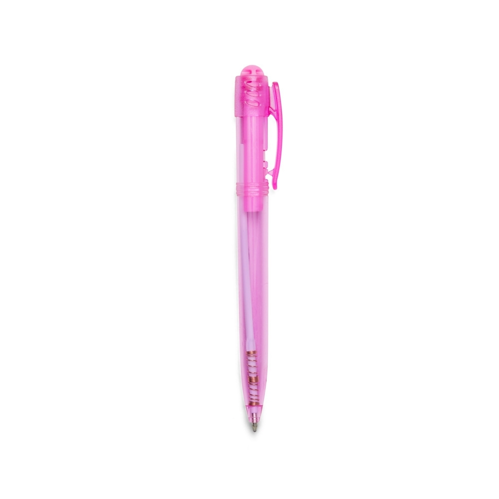 Caneta plástica translúcida com botão frisado personalizada com a logo da empresa, na cor rosa