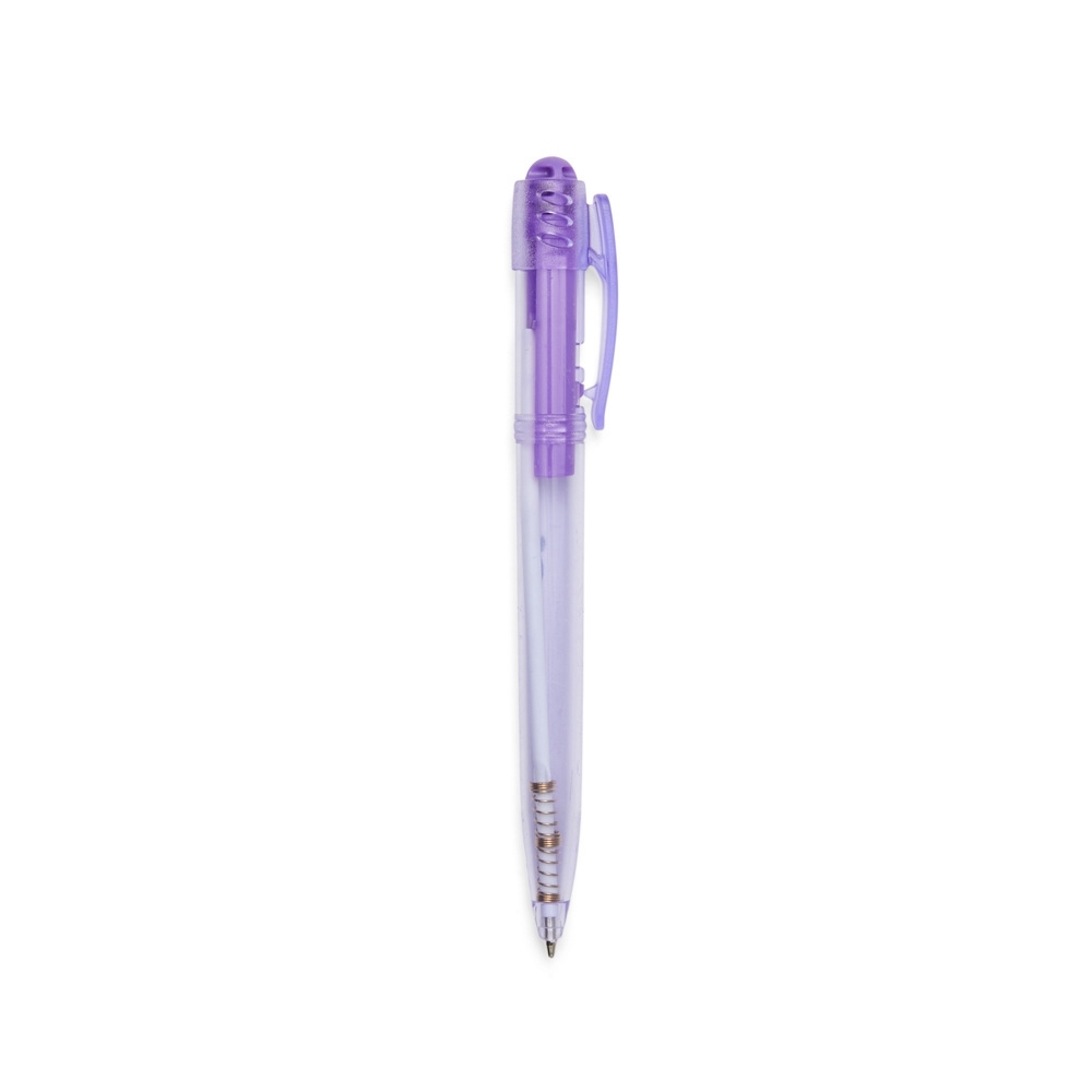 Caneta plástica translúcida com botão frisado personalizada com a logo da empresa, na cor roxo