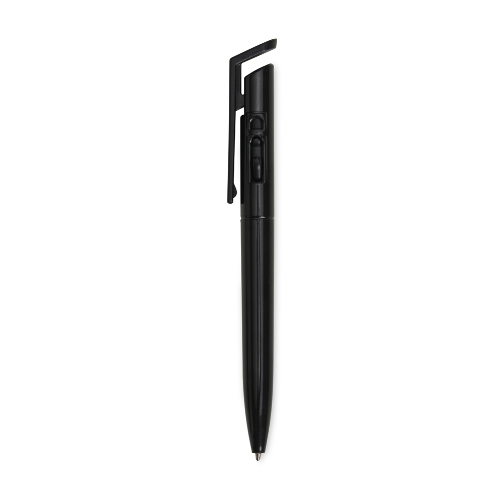 Caneta plástica opaca com clipe quadrado na cor Preto, personalizada com a logo da empresa