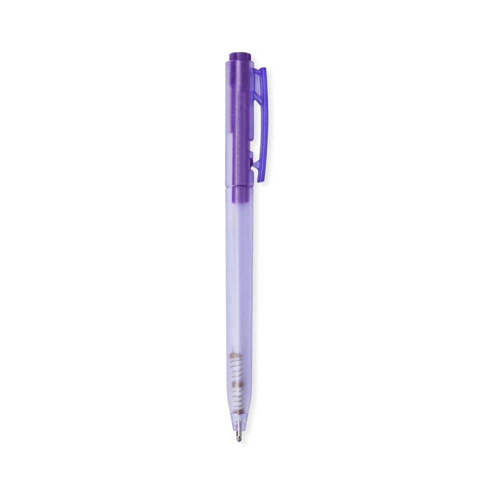Caneta plástica translúcida de corpo arredondado personalizada com a logo da empresa, na cor rosa / roxo