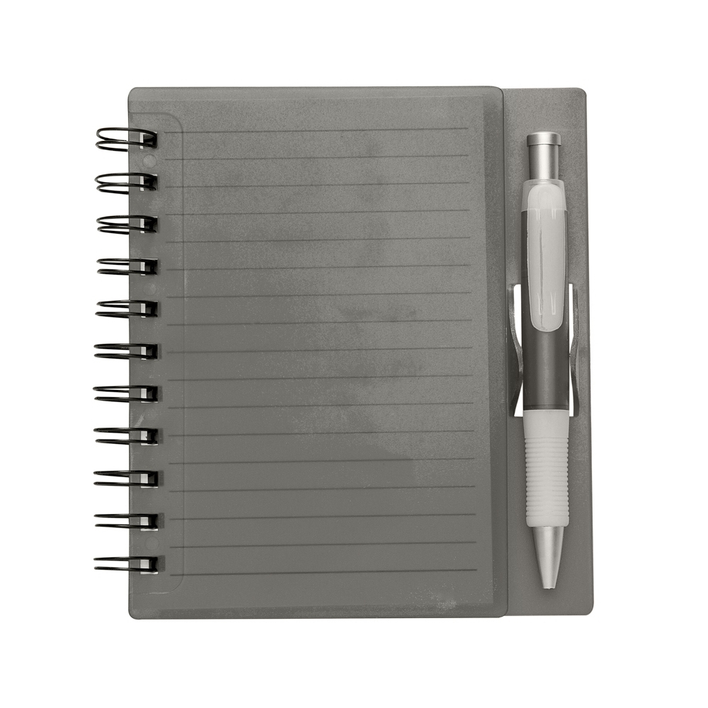 Caderno plástico com caneta e capa dura na cor Fumê, personalizado com a logo da empresa