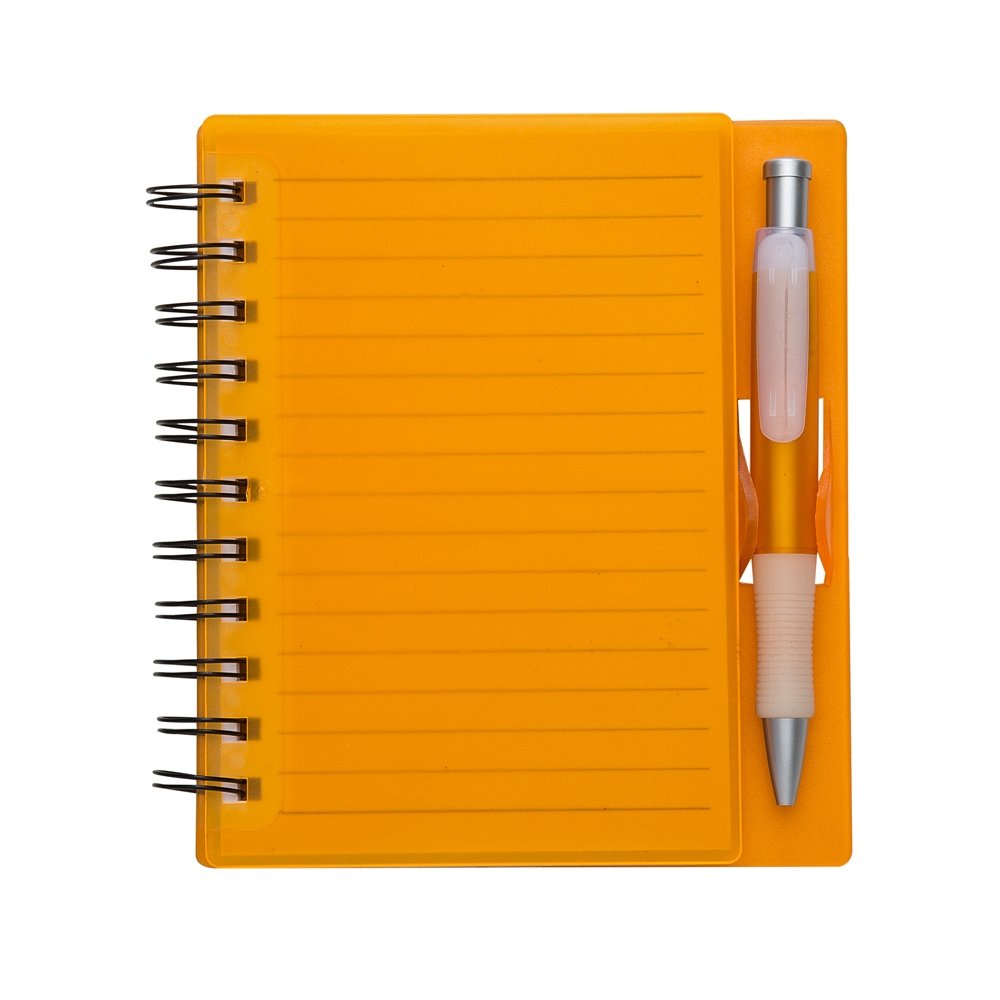 Caderno plástico com caneta e capa dura personalizado com a logo da empresa, na cor laranja / branco