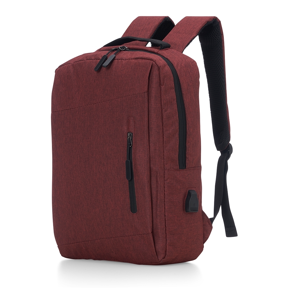 Mochila de nylon USB 17 litros com 3 compartimentos e divisórias personalizada com a logo da empresa, na cor vermelho / preto