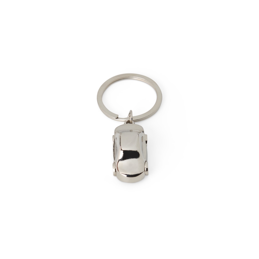 Chaveiro de metal em formato de carro na cor Inox, personalizado com a logo da empresa