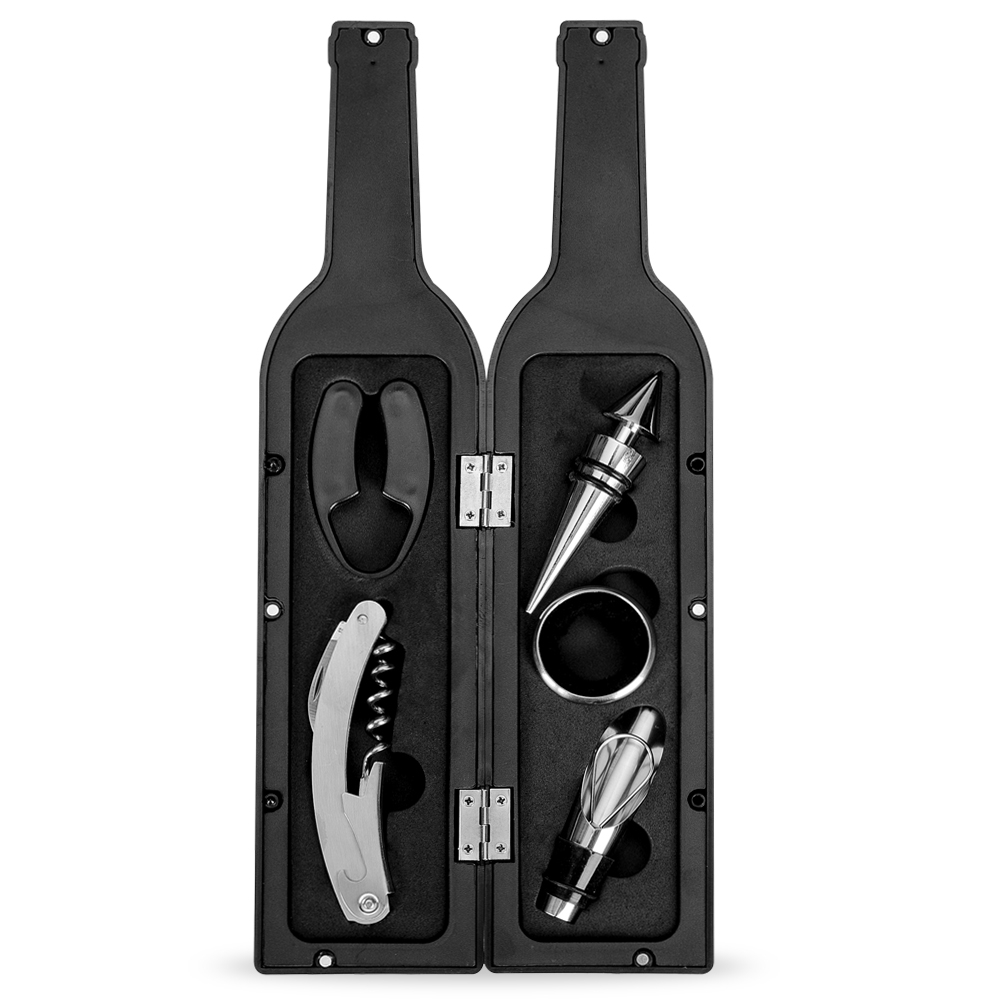 Kit vinho 5 peças formato garrafa personalizado com a logo da empresa