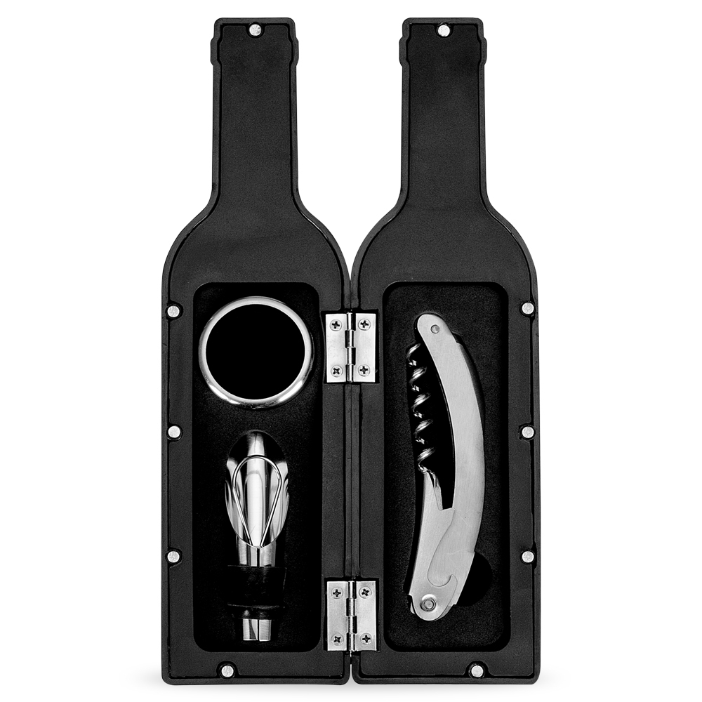 Kit vinho plástico resistente 3 peças formato garrafa personalizado com a logo da empresa