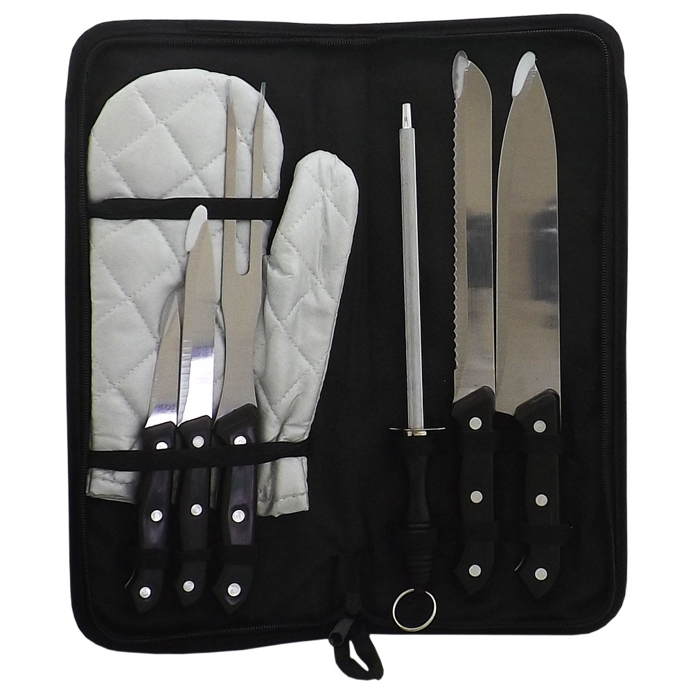 Kit churrasco com 7 peças cabo preto personalizado com a logo da empresa