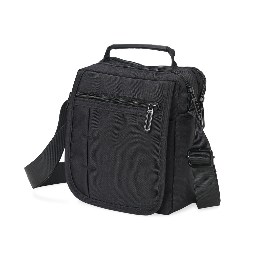 Bolsa de ombro em nylon com 4 compartimentos (18 x 14,5 x 7 cm) na cor Preto, personalizada com a logo da empresa