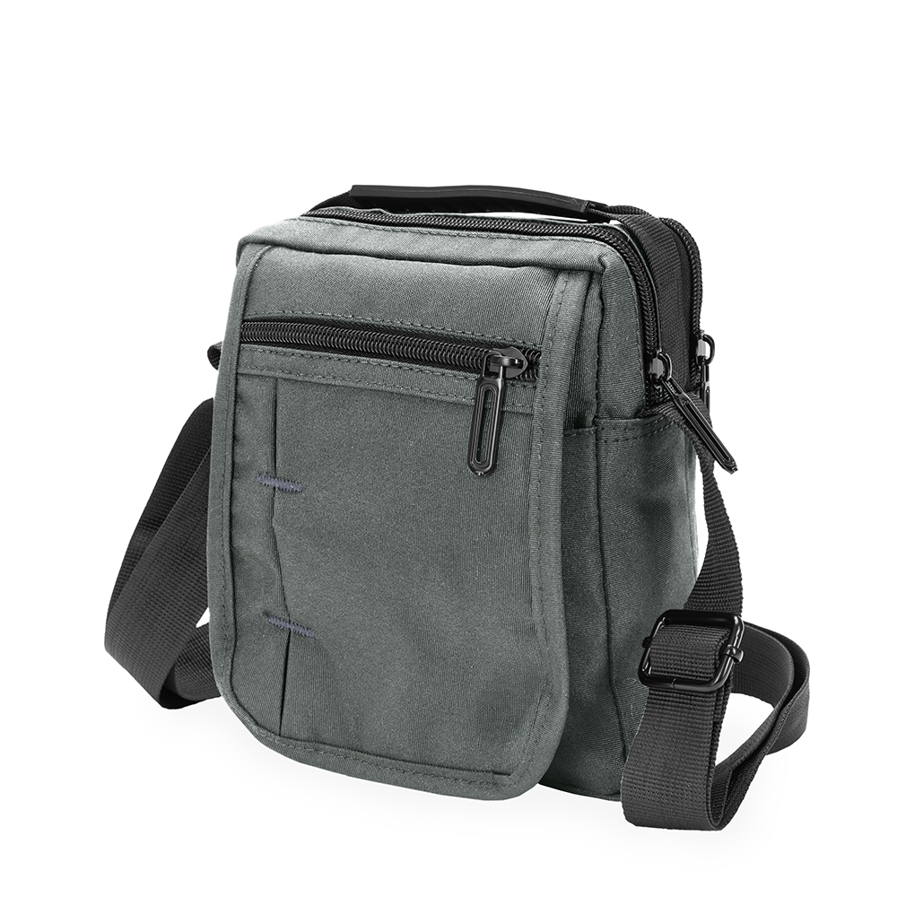 Bolsa de ombro em nylon com 4 compartimentos na cor Cinza, personalizada com a logo da empresa