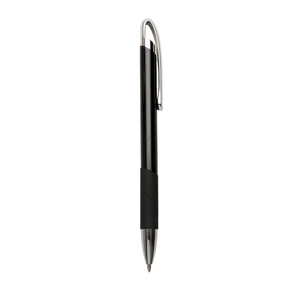Caneta de metal com pega emborrachada e clipe vazado na cor Preto / Prata, personalizada com a logo da empresa