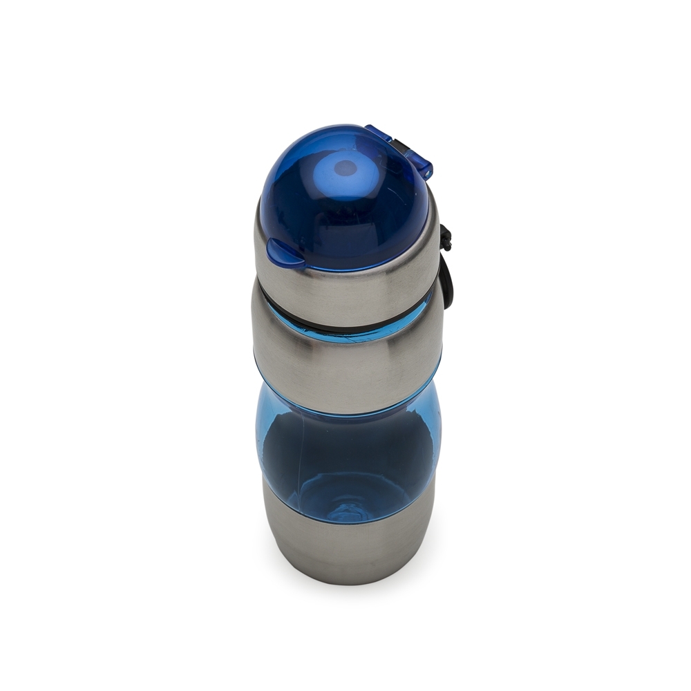 Squeeze plástico com metal 450 ml bico e alça personalizado com a logo da empresa, na cor azul / inox