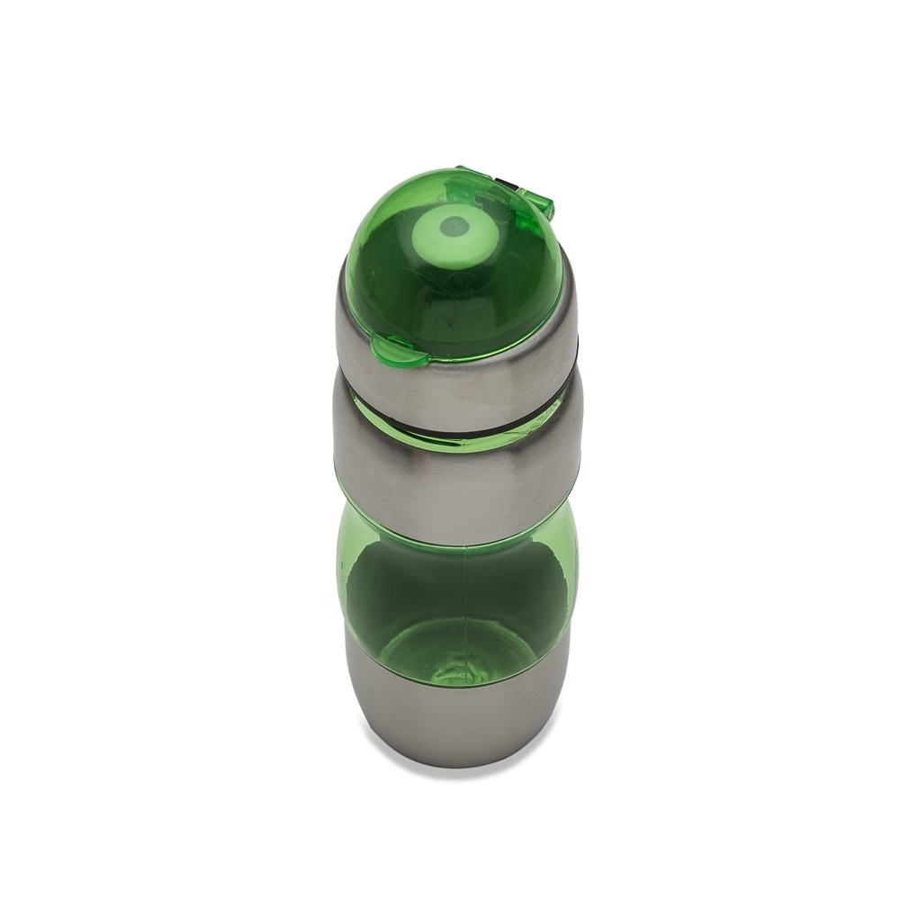 Squeeze plástico com metal 450 ml bico e alça personalizado com a logo da empresa, na cor verde / inox