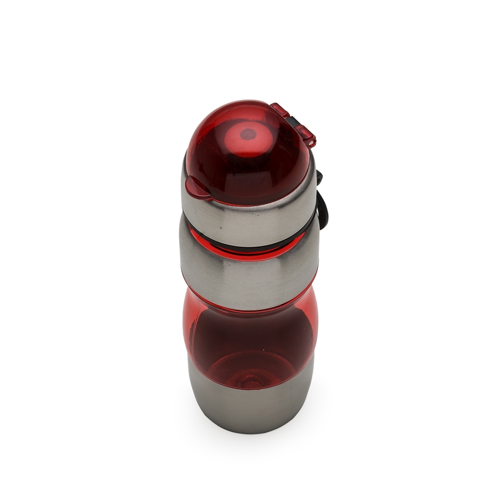 Squeeze plástico com metal 450 ml bico e alça personalizado com a logo da empresa, na cor vermelho / inox