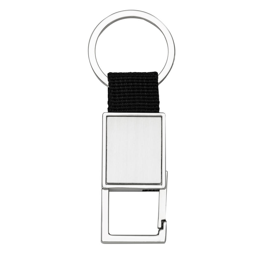 Chaveiro de metal retangular com nylon preto e alça de nylon personalizado com a logo da empresa