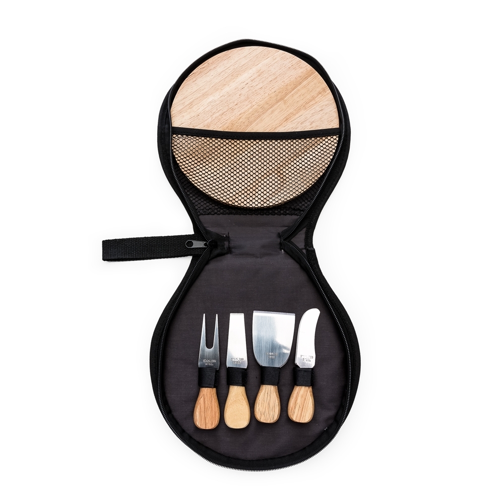 Kit queijo com 5 peças bolsa com ziper na cor Preto / Madeira, personalizado com a logo da empresa