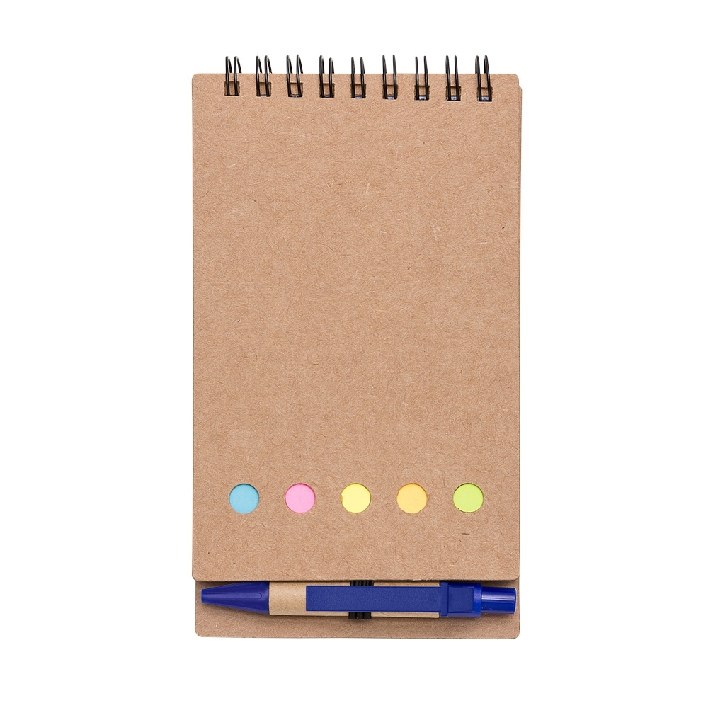 Bloco de anotações com autoadesivo e espiral na cor Kraft / Azul, personalizado com a logo da empresa