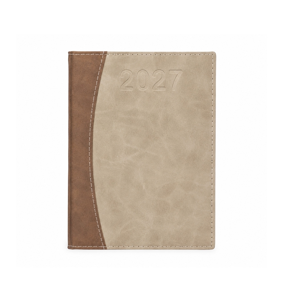 Agenda diária 2027 com capa de couro sintético e 170 folhas na cor Creme, personalizada com a logo da empresa