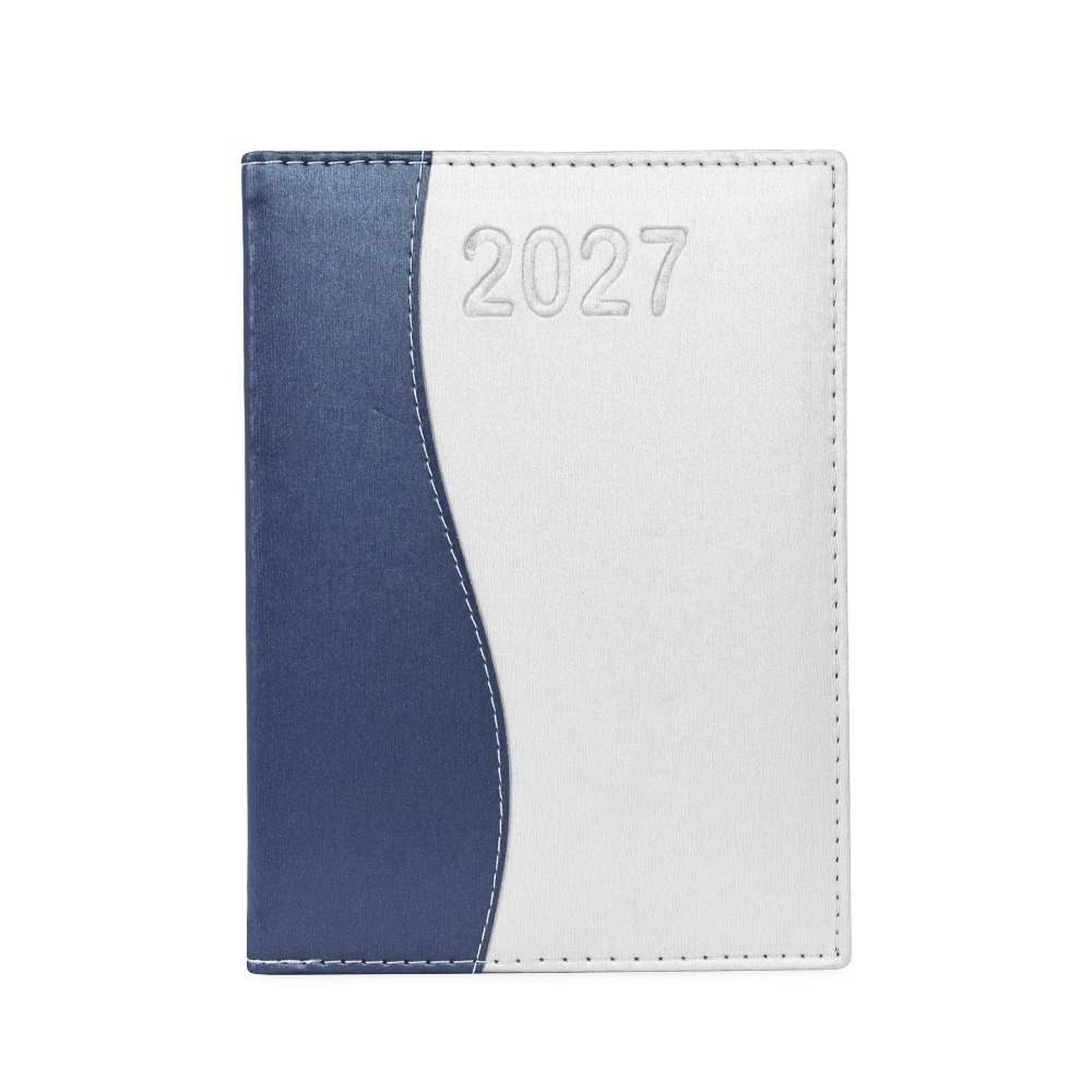 Agenda diária 2027 metalizada com capa de couro sintético na cor Azul / Prata, personalizada com a logo da empresa
