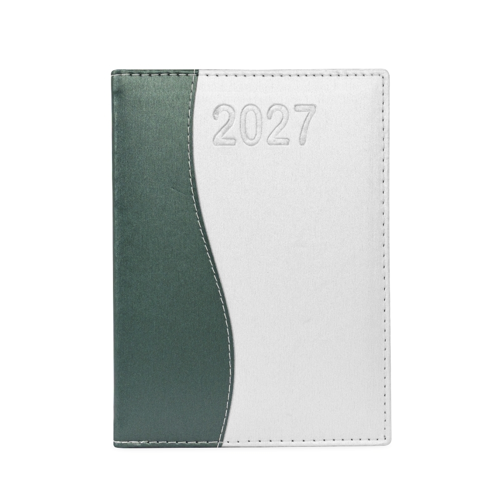 Agenda diária 2027 metalizada com capa de couro sintético personalizada com a logo da empresa, na cor verde / prata