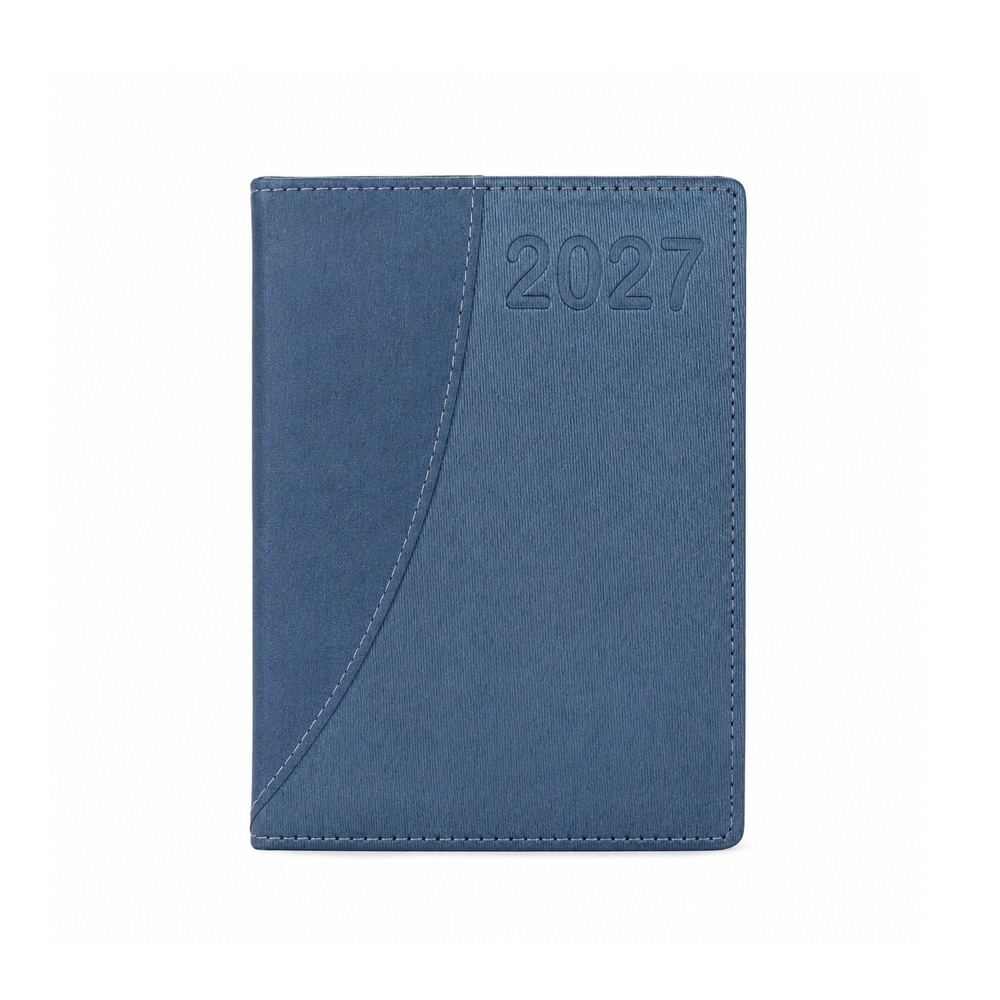 Agenda diária 2027 texturizada com capa de couro sintético na cor Azul, personalizada com a logo da empresa