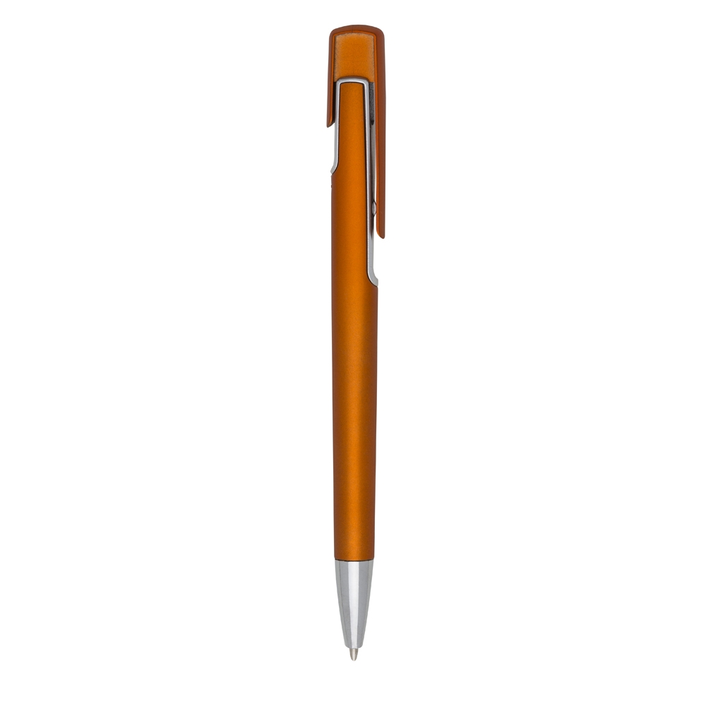 Caneta plástica translúcida com clipe retangular e ponteira prateada personalizada com a logo da empresa, na cor laranja / prata