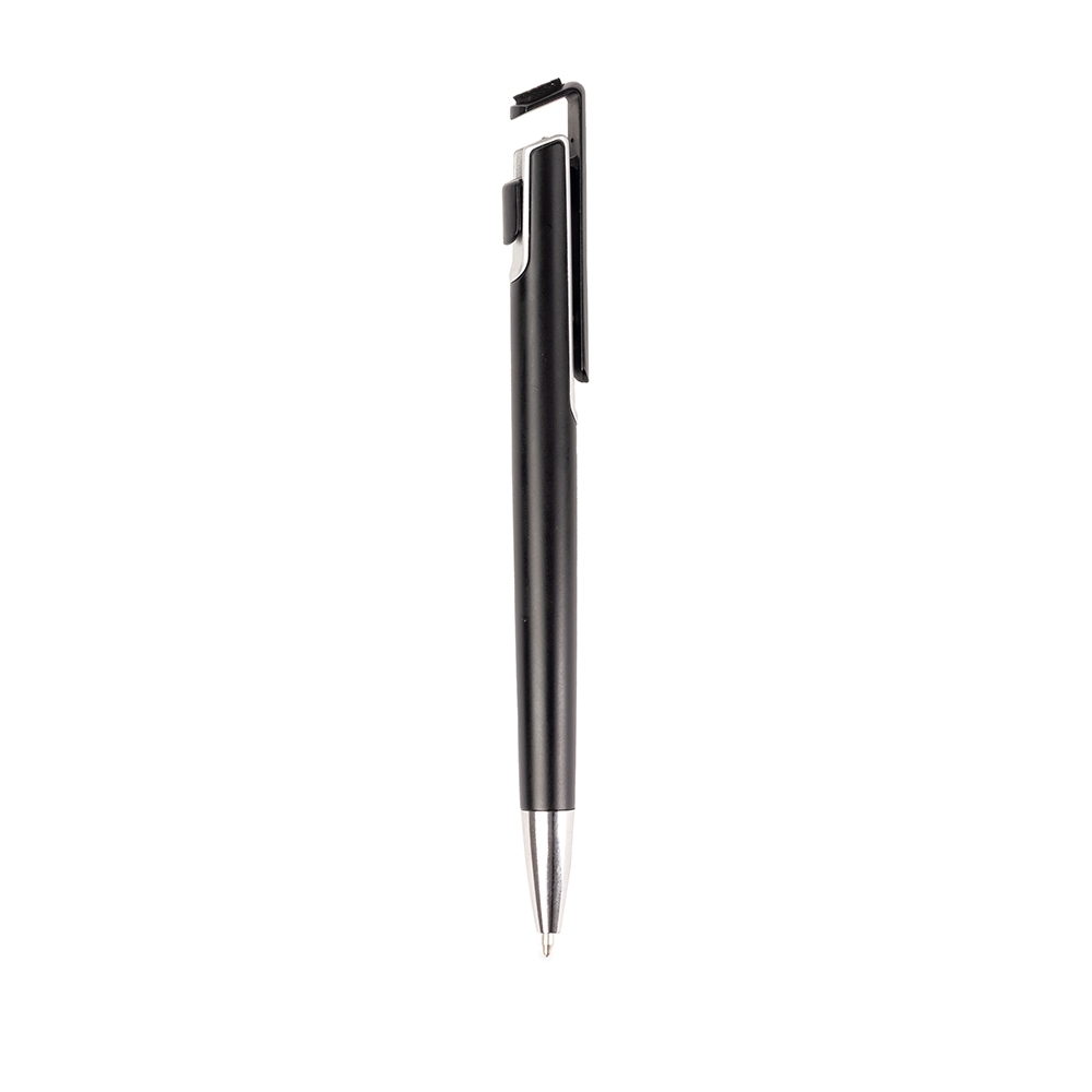 Caneta plástica com suporte para celular na cor Preto, personalizada com a logo da empresa