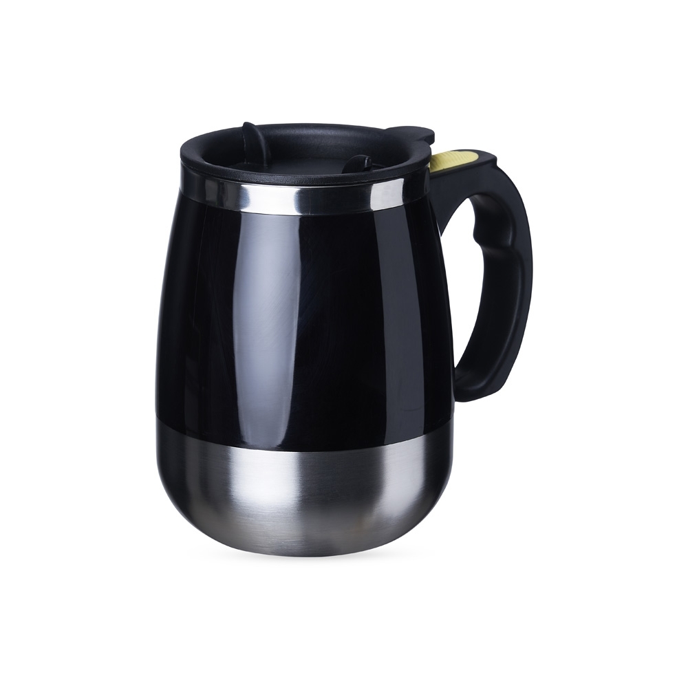 Caneca com misturador 350 ml e tampa de botão na cor Preto, personalizada com a logo da empresa