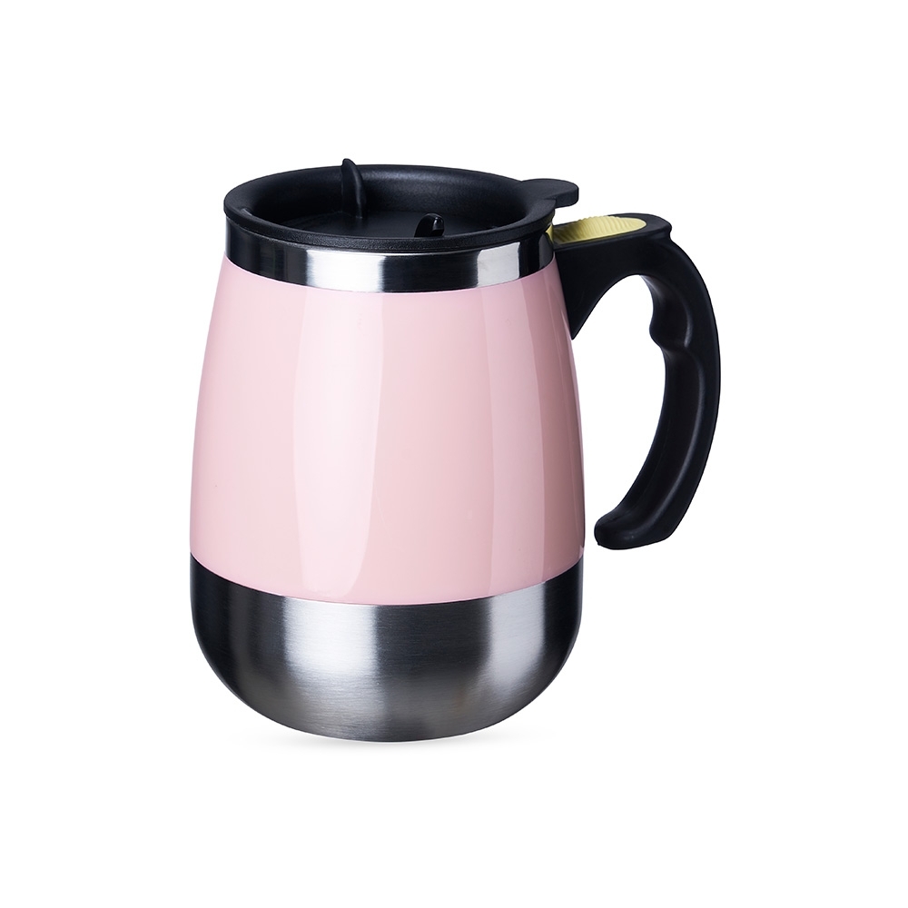 Caneca com misturador 350 ml e tampa de botão personalizada com a logo da empresa, na cor rosa