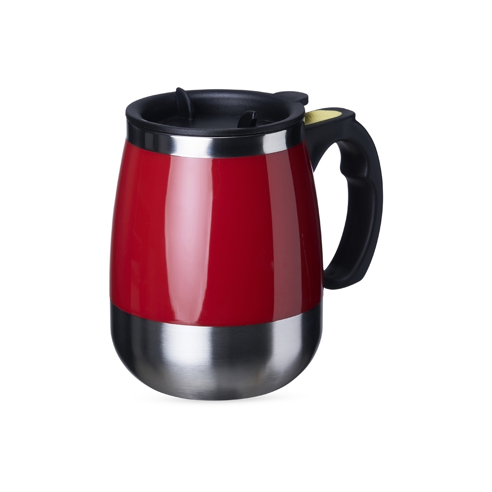 Caneca com misturador 350 ml e tampa de botão personalizada com a logo da empresa, na cor vermelho / inox